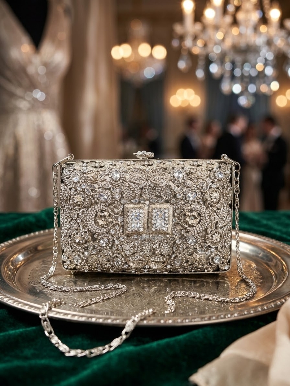 Silver Embellished Crystal Evening Clutch Bag – Chain Strap (Used/Minor Flaws)
